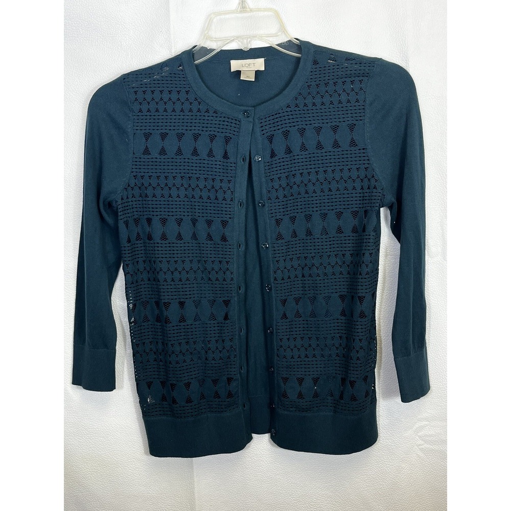 Loft Women Green Cardigan Round Crew Neck Button Open Knit 3/4 Sleeve XS